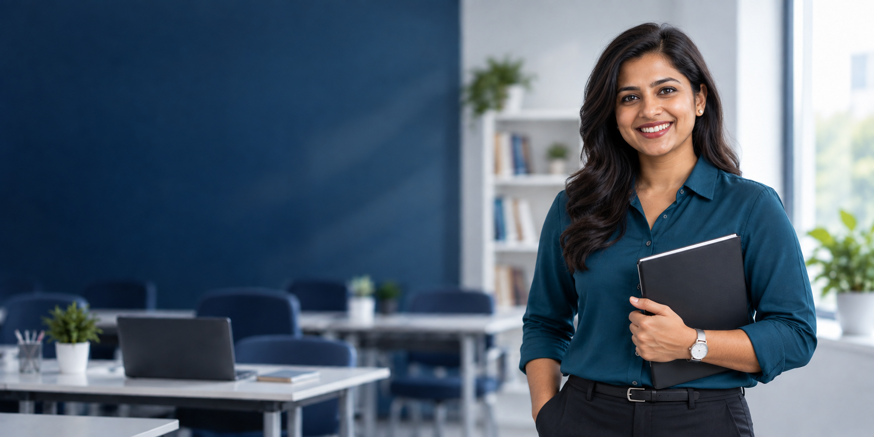 Professional female IELTS instructor in a modern classroom